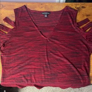 Rock & Republic Burgundy Striped Cold-Shoulder V-Neck top.